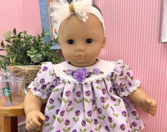 Purple Floral Dress, Bloomers, Headband for 15" American Girl Bitty Baby and Bitty Twins, Berenguer, Kewpie, OOAK Handmade Outfit Clothes