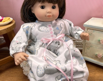 Elephants Flannel Gown for 15&quot; Baby Dolls like American Girl Bitty Baby, Kewpie, Berenguer La Newborn, OOAK Handmade Outfit Clothes
