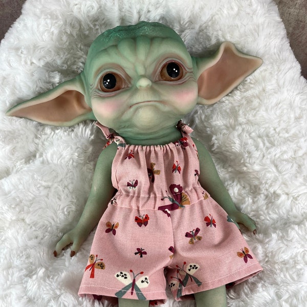 Butterfly Summer Romper for 13" Silicone Baby Yoda Grogu, and other 12 inch baby dolls like Corolle, OOAK Outfit, Handmade Baby Doll Clothes