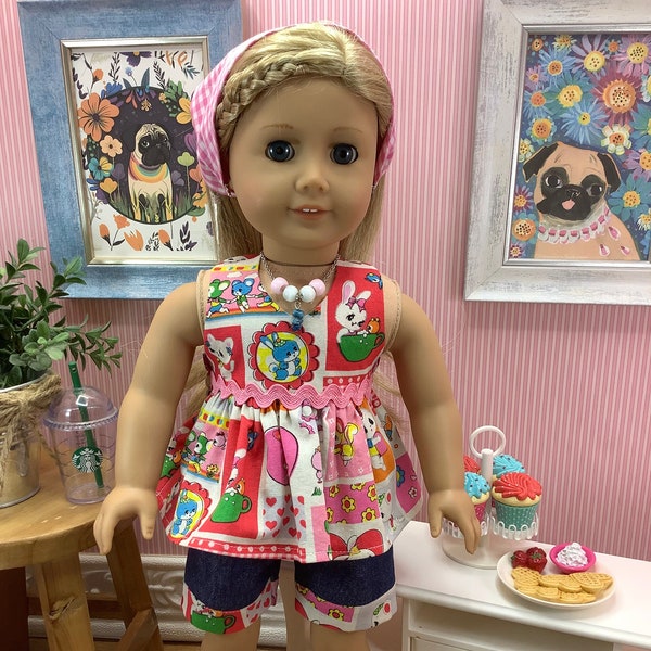 Retro Vintage Animal Patchwork Halter Top, Headscarf, Necklace, and Shorts Handmade OOAK NEW Outfit for 18" dolls like American Girl Julie