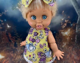 OOAK Wonderland Alice Cross Back Top, Bloomers, and Headband Bow for 13" Baby Dolls like Galoob Baby Face