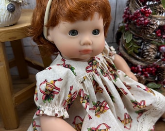 OOAK Christmas Bells Doll Outfit: Dress, Headband, Booties for 15&quot; Dolls