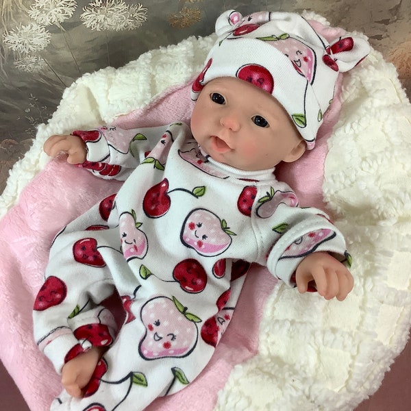Berries & Cherries Coveralls Romper and Hat for 8.5-9" reborn baby doll, silicone baby doll, Handmade Doll Clothes, Outfit, OOAK