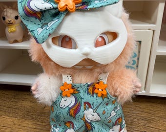 Mono de unicornio con melena arcoíris y diadema con lazo para muñecos de peluche con llavero BooBoo de Monster Bunny de 17 cm, hecho a mano.