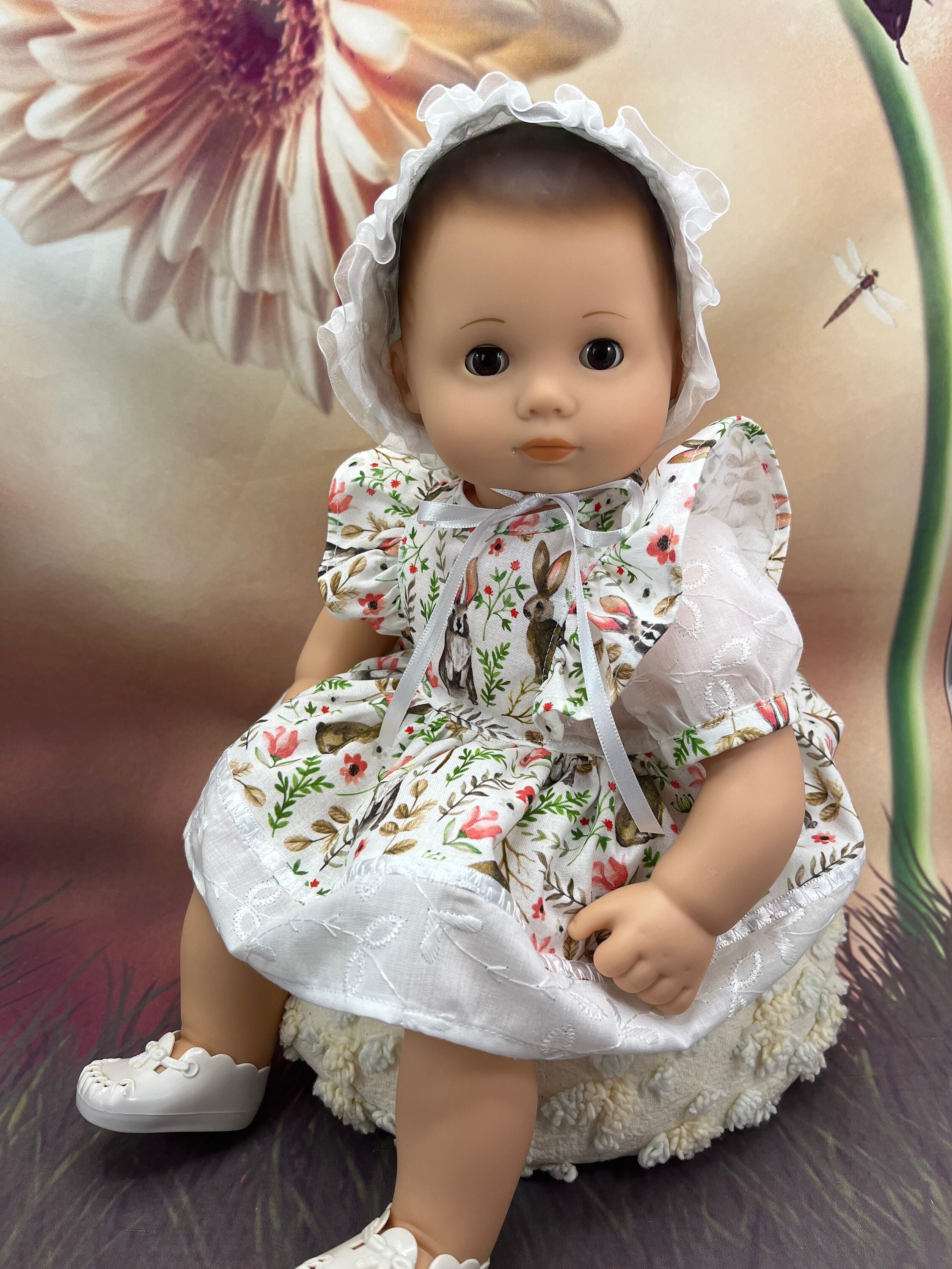 Bunny Rabbit Dress, Bonnet, Bloomers for 15" American Girl Bitty Baby and Bitty Twins, Soft Body Baby Dolls, OOAK Handmade Outfit Clothes