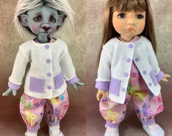 Romper, Cardigan, and socks Outfit for Meadowdolls Mae Moppet, Connie Lowe Eppie and Beastie BJD MSD by Tracy Promber