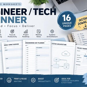 Engineer Planner Printable, 16 Tech & Agile Worksheets, Sprint Backlog, Kanban, A4 US Letter PDF