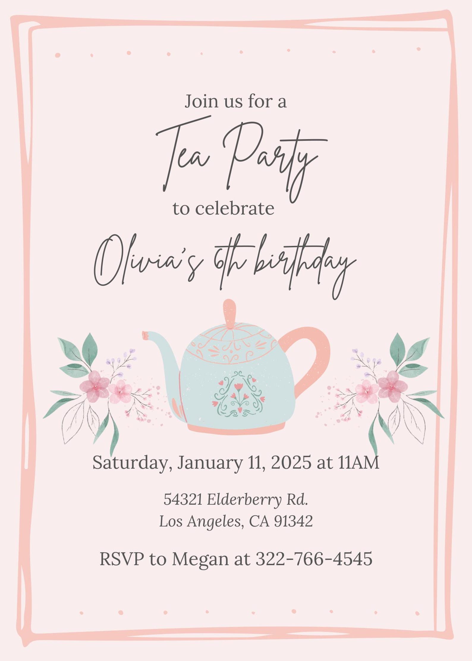 Kids Birthday Tea Party Invitation Digital Download Template- Fully ...