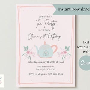 Plantilla de descarga digital para invitación a fiesta de té de cumpleaños para niños: totalmente editable con Canva (cuenta gratuita)