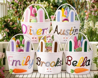 Personalized Easter Basket with Name • Custom Rope Bunny Ear Container • Monogram Kids Easter Gift • First Easter Basket • Spring Decor