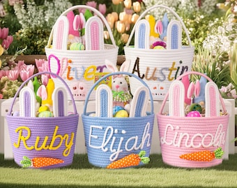 Canasta de Pascua personalizada para niños, contenedor de cuerda personalizado con orejas de conejo, contenedor de búsqueda de Pascua