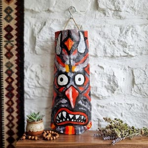 Bulgarian Kukeri Mask Hand Painted Ceramic Tile Authentic Folk Art Monster Decor