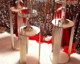 Gold Cylinder Dessert Stands: 3-Piece Metal Display for Weddings