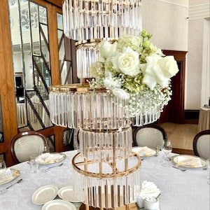 2 Pcs/Order | 44-Inch Tall 5-Tier Round Flower Stand with Clear Acrylic Pendants | Elegant Wedding & Party Centerpiece Decoration