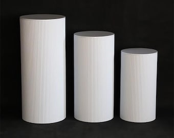3-Piece White Ribbed Metal Cylinder Pedestal Set for Weddings & Event Displays