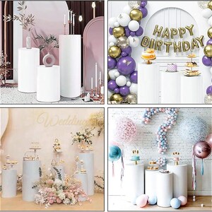 May include: White cylindrical pedestals of varying heights are displayed in multiple settings. Some are decorated with cakes, balloons, and floral arrangements. One scene features a "Happy Birthday" balloon banner, while another has "Wedding" text.