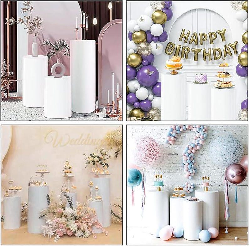 May include: White cylindrical pedestals of varying heights are displayed in multiple settings. Some are decorated with cakes, balloons, and floral arrangements. One scene features a "Happy Birthday" balloon banner, while another has "Wedding" text.