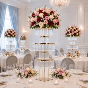 May include: A tall, multi-tiered gold metal centerpiece stand featuring hanging clear acrylic crystal-like rods. The stand supports a large, dense floral arrangement of red, pink, and white roses with small white filler flowers and green leaves.