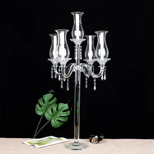 5 Arm Crystal Glass Candelabra | Wedding Centerpiece Candle Holder