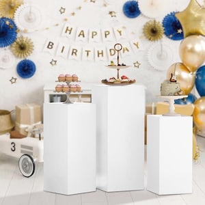 3-Piece Set White Metal Square Cylinder Dessert Table Flower Stand and Cake Display - Durable Steel Plinths