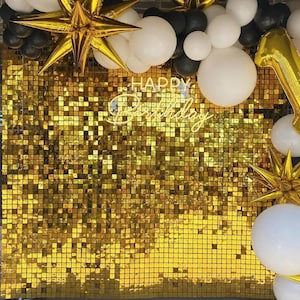May include: Gold sequin backdrop with white and black balloons and a neon sign that says "Happy Birthday".