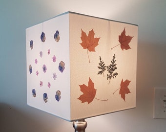Pressed fall flowers and leaves square drum lampshade (#16)