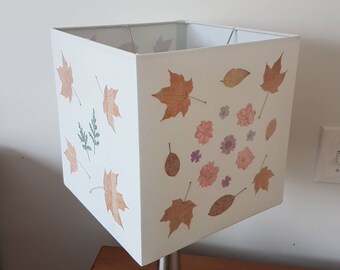 Handmade Pressed Dried Flower Lampshade: Autumn Leaves, Pink and Purple Blooms – Square Accent Shade (#17)