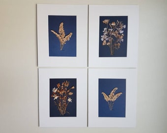 Set of 4 Prints 8x10 matted from four of my originals pressed flower artwork made w/ real dried flowers (#5)