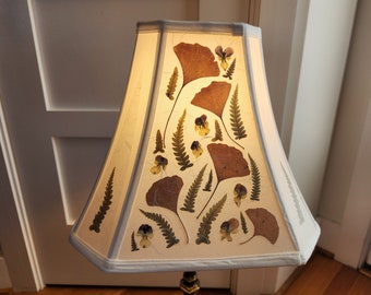Pressed Flower Lampshade - Ginkgo Leaves, Real Dried Pansies, Handmade Japanese inspired (#97)