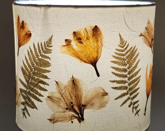 Pressed lily flowers and ferns medium drum lampshade. One-of-a-kind botanical lamp shade (#133)