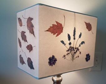 Pressed lavender Flowers Lampshade – Large Rectangular Botanical Art with Lavender & Fall Leaves (#12)