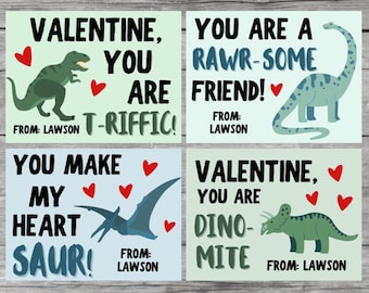 May include: Four Valentine's Day cards with dinosaur illustrations and pun-based messages. The cards feature a green T-Rex, a blue Brontosaurus, a blue Pterodactyl, and a green Triceratops, along with red heart accents. Each card includes the name "Lawson".