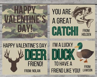 May include: Four Valentine's Day cards with a camouflage, deer, fish, and duck theme. The cards have messages like "Happy Valentine's Day!" and "You are a great catch!"