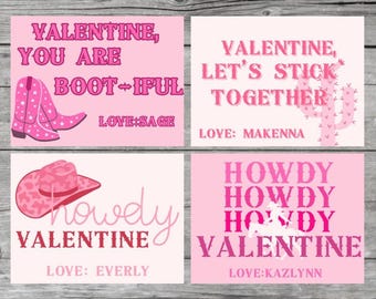 May include: Four pink Valentine's Day cards with different messages. The first card says "Valentine, you are boot-iful" with a pair of pink cowboy boots. The second card says "Valentine, let's stick together" with a pink cactus. The third card says "Howdy Valentine" with a pink cowboy hat. The fourth card says "Howdy Howdy Howdy Valentine" with a pink silhouette of a cowboy riding a horse.