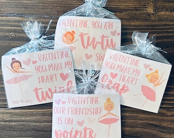 May include: Four pink and white Valentine's Day cards with ballerina illustrations and puns. The cards say "Valentine, you are tutu", "Valentine, you make my heart twirl", "Valentine, you make my heart leap", and "Valentine, our friendship is on pointe".