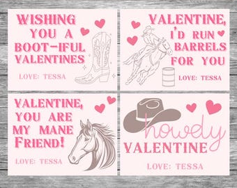 May include: Four pink and white Valentine's Day cards with a western theme. The cards feature a cowboy boot, a cowgirl riding a horse, a horse's head, and a cowboy hat. Each card has the text "Valentine" and "Love: Tessa".