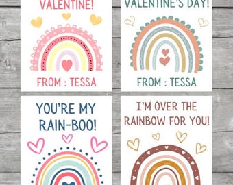 May include: Four printable Valentine's Day cards featuring rainbow designs with hearts and the text "You brighten my day, Valentine!"  "I hope you have a magical Valentine's Day!"  "You're my rain-boo!" and "I'm over the rainbow for you!" Each card includes the name "Tessa" as the sender.