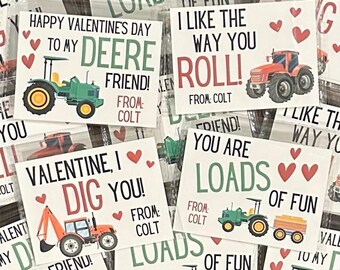 May include: Valentine's Day cards with tractor illustrations and phrases like "Happy Valentine's Day to my Deere Friend!" and "Valentine, I dig you!" The cards feature red hearts and are signed "From: Colt."