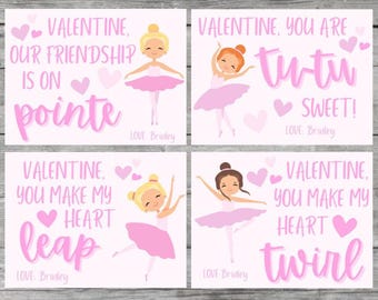 May include: Four Valentine's Day cards with illustrations of ballerinas in pink tutus. Each card has a different message in pink script: "Valentine, Our Friendship is on pointe," "Valentine, You are tutu sweet!" "Valentine, You make my heart leap," and "Valentine, You make my heart twirl."