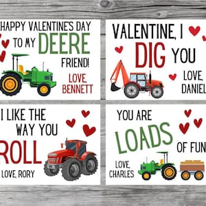 Bolsa de regalo imprimible con tarjetas de agradecimiento para el aula de niños con diseño de tractor personalizado para San Valentín