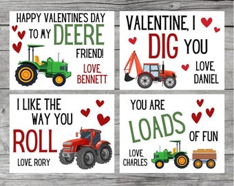 May include: Four Valentine's Day cards featuring tractors and construction equipment with puns. The cards say "Happy Valentine's Day to my Deere Friend! Love, Bennett", "Valentine, I Dig You. Love, Daniel", "I Like the Way You Roll. Love, Rory", and "You Are Loads of Fun. Love, Charles".