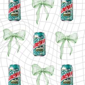 May include: A pattern of green bows and cans of Mountain Dew Baja Blast on a white grid background.