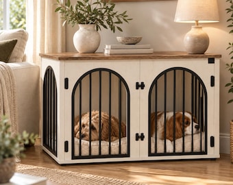 May include: A white wooden dog crate furniture piece with a brown top, featuring two arched black metal barred doors. Inside, two dogs rest on beige cushions. The brand name NestPaws is printed in black text in the bottom left corner.