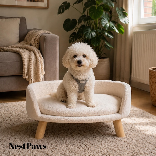 Elevated Dog Sofa Bed for Small Dogs & Cats | Plush Style with Wooden Legs