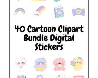 Pacote de Clipart de Desenhos Animados em Aquarela | 40 Adesivos Fofos de Animais (Download Digital)