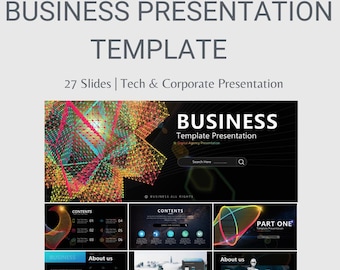 Modelo de PowerPoint de negócios futuristas escuros | 27 slides | Apresentação de tecnologia e corporativa | Download digital