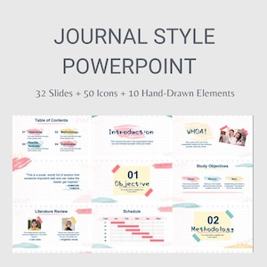 Aesthetic Journal-Style PowerPoint Template | 32 Slides + 50 Icons + 10 Hand-Drawn Elements | Digital Download
