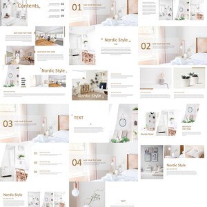 May include: A presentation slide deck with the title "Nordic Style" and images of interior design featuring a minimalist aesthetic with white walls, wooden furniture, and natural light. The text "Contents" is listed with four bullet points.