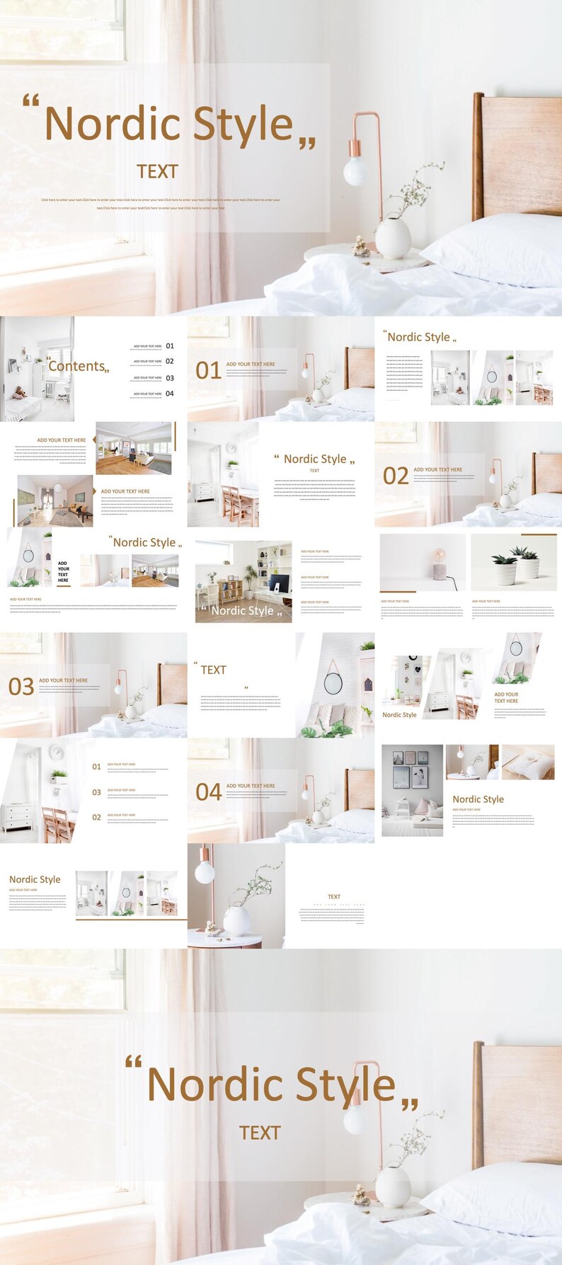 May include: A presentation slide deck with the title "Nordic Style" and images of interior design featuring a minimalist aesthetic with white walls, wooden furniture, and natural light. The text "Contents" is listed with four bullet points.