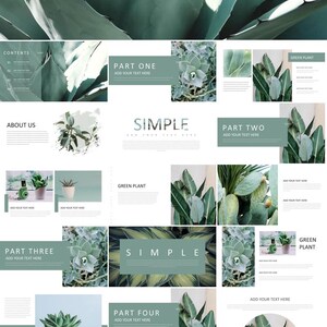 May include: A presentation template featuring a green plant theme. The slides display images of green plants and the text "SIMPLE" in a light green colour. The text "CONTENTS", "ABOUT US", "PART ONE", "PART TWO", "PART THREE", "PART FOUR", "GREEN PLANT", and "TANKS" are also included on the slides.